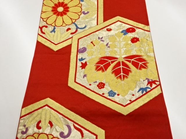  亀甲に菊桐模様織出し袋帯